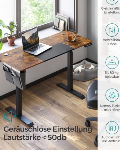 Elektrische Bureaustandaard - Verstelbaar Bureau - Sta-bureau - Vintage Bruin-Zwart - Spaanplaat en Staal - In Hoogte Verstelbaar - Opbergvak - Geluidsarm - 140cm x 60cm x (72-120)cm