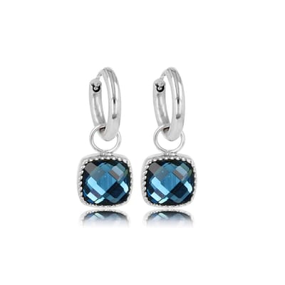 My Bendel - Stijlvolle Zilverkleurige Oorring met Blauwe Glassteen 30 Mm - Blauwe Glassteen: Zilverkleurige Oorringen met Vierkante Steen - met Luxe Cadeauverpakking | Sieraden Voor Dames