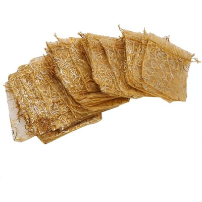 100pcs 9 x 12cm Pochette Organza Cordon Coulissant Multi Usage Sac à Bijoux Sac de Rangement Cadeau (Or) brown