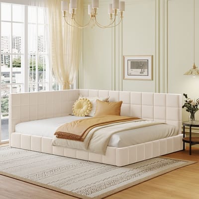 MEUNIQ bedbank 140x200 cm met lattenbodem, gestoffeerd daybed met rugleuning en armleuning, tweepersoons bedframe voor slaapkamer, beige