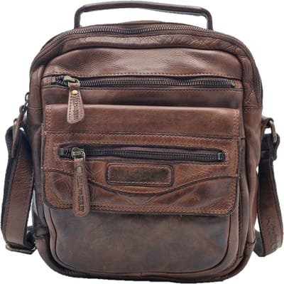 HillBurry Stoere Crossbody Tas Gewassen Leer Vintage bruin - (B x H x D) ca. 21,5 cm x 24,5 cm x 6,5 cm