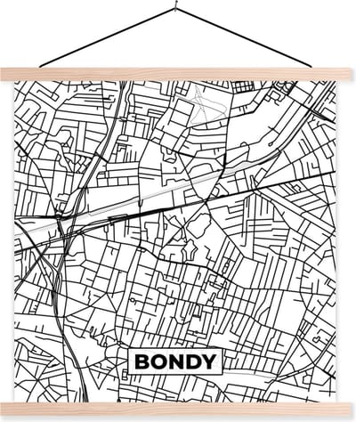 Posterhanger incl. Poster 40x40 cm - Schoolplaat - Kaart - Bondy - Stadskaart - Frankrijk - Plattegrond - Zwart wit - Textielposter - Blanke latten - Stadskaart