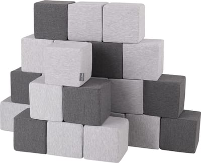 KiddyMoon Zachte Blokken voor Baby 24 Stuks - Montessori speelgoed 1 jaar - Speelmat foam - Foam blokken speelgoed kinderen XXL - Montessori baby - Zachte baby speelgoed - Schuimrubber speeltoestel - Baby speeltuin - Lichtgrijs-Donkergrijs