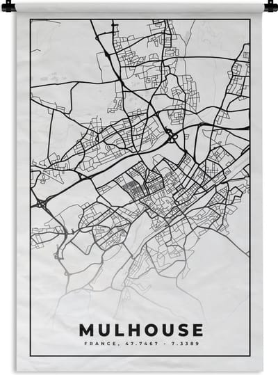 Wandkleed - Wanddoek - Frankrijk - Mulhouse - Kaart - Plattegrond - Stadskaart - Zwart wit - 120x180 cm - Wandtapijt