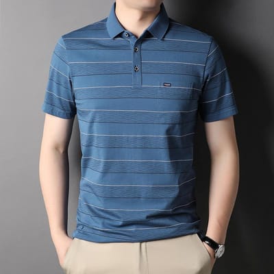 Heren POLO Shirt Korte mouw Dunne Business Casual Gestreept Zomer Katoenmix Heren Papa Top M blauw