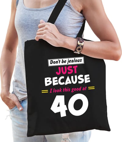 40 jaar verjaardag kado tasje - Dont be jealous just because i look this good at 40 - cadeau tasje - zwart - dames
