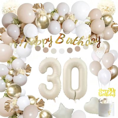 Joya Party® 30 jaar verjaardag feest pakket Beige en Wit | Versiering Ballonnen voor feest 30 jaar | Dertig Versiering | Ballonnen slingers opblaasbare cijfers 30