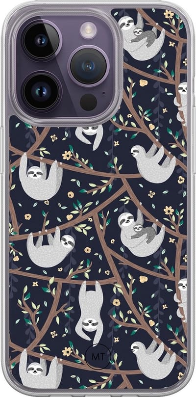 Hybride hoesje geschikt voor iPhone 14 Pro - Luiaard print - Extra bescherming - Luxe beschermhoes - TPU case - Transparant, Multi - Mooie Telefoonhoesjes