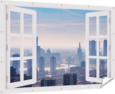Gards Tuinposter Doorkijk Rotterdamse Skyline - 180x120 cm - Tuindoek - Tuindecoratie - Wanddecoratie buiten - Tuinschilderij