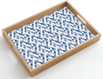 Dienblad hout 50x35 cm - Schootdienblad - Diamant - Patroon - Blauw - Wit - Borrelplank rechthoek - Plateau dienbladen
