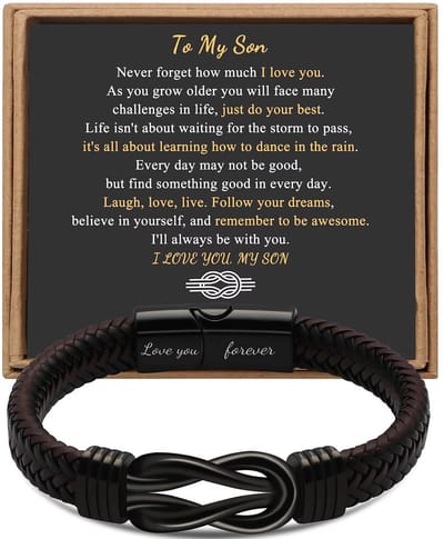 Leren Armband Heren – Bruin Gevlochten Leer met Roestvrij Staal & Infinity Teken | Persoonlijk Cadeau voor Man, Zoon, Echtgenoot of Vriend – Love You Forever Armband