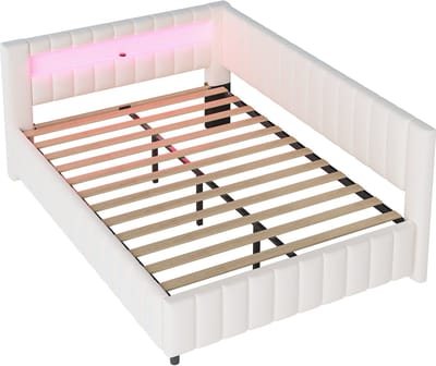 Gestoffeerd bed/slaapbank van 140x200 cm, bekleed met fluweel, met ledverlichting en USB-oplaadpoort, inclusief hoofdbord en stevig bedframe, beige.