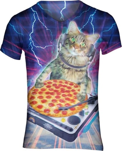 Pizza DJ Kat Festival shirt - Maat: XL - V-hals - Feestkleding - Festival Outfit - Fout Feest - T-shirt voor festivals - Rave party kleding - Rave outfit - Kattenshirt - Nineties