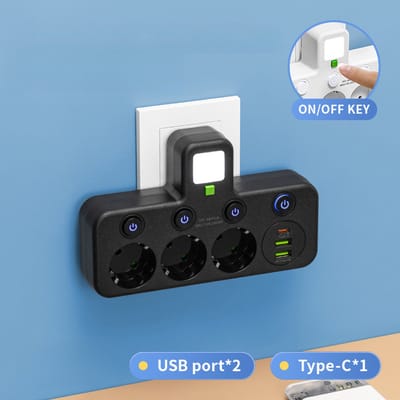 Eén naar meerdere, met schakelaar, USB-stopcontact, met USB slimme stekkerdoos, stekkerdoos, verlengsnoer, Type-C opladen, met nachtlampje, zwarte uitvoering 2