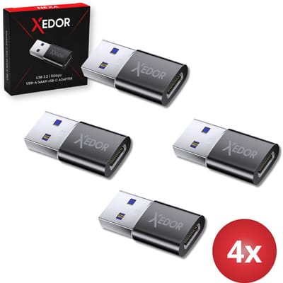 Xedor® Nexa – USB A naar USB C Adapter – 4 Stuks – USB 3.2 Gen 1 – 5 Gbps – Laptops, Smartphones & USB sticks – Zwart