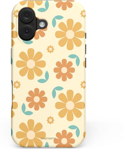 Casetastic hoesje geschikt voor Apple iPhone 16 - MagSafe - Dubbellaagse bescherming - Flower power Retro Bloemen - Geel - Oranje - Blauw - Fashion Case - Crème Goud Perzik