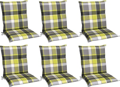 Beautissu Sunny GR – Set van 6 Tuinkussens Lage Rug 100x50 cm met UV-lichtechtheid Comfortabele Tuinstoel Zitkussen Geel geruit