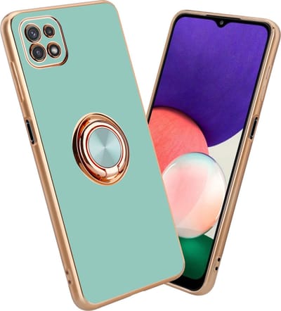 Cadorabo Hoesje geschikt voor Samsung Galaxy A22 5G in Glossy Turquoise - Goud met ring - Beschermhoes van flexibel TPU-silicone Case Cover met camerabescherming en magnetische autohouder