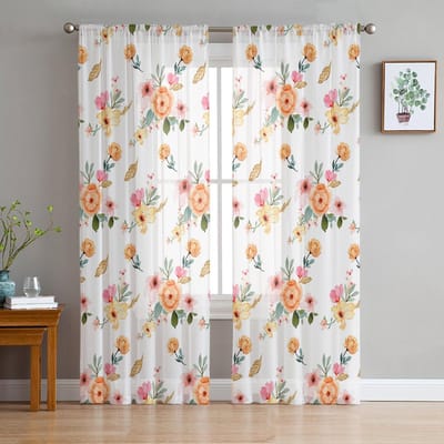 Zomerbloemen Planten Groene Bladeren Aquarel Slaapkamergordijnen Tule Transparant Gordijn Woonkamer Huisdecoratie Voile Gordijnen 135W x 114H(cm) white