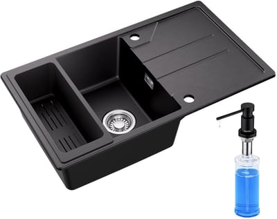 CECIPA max Granieten Spoelbak 78*45cm - Spoelbak Keuken Met Zeepdispenser(300ML)Zwart - Spoelbakken Keuken Met Planchet en Afvoermand - Wasbak Keuken Met Waterafvoersysteem