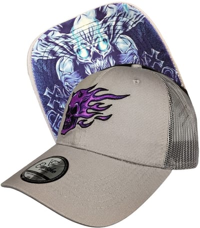 Capiche® Trucker Pet – Paarse Schedel – Grijs – Verstelbaar met Druksluiting – Trucker Pet Mannen – Purple Skull