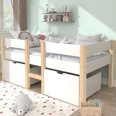 MODENUIT Kinderbed 90x190 cm – Halfhoog met Ladder en Uitvalbeveiliging – 2 Laden – Massief Grenen – Zonder matras – Wit