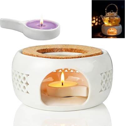 Theepot voor theepot van keramiek met kurkhouder, warmhouder voor thee en koffie, diameter 15 cm, wit