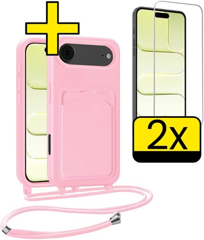 Hoesje Geschikt voor iPhone Air Telefoonhoesje Met Koord Case Pashouder Met 2x Screenprotector Siliconen - Hoes Geschikt voor iPhone Air Hoesje Met Kaarthouder - Lichtroze