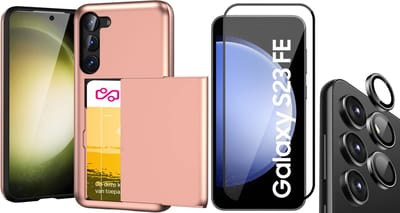 Hoesje met Pasjeshouder geschikt voor Samsung Galaxy S23 FE - Screenprotector FullGuard & Camera Lens Screen Protector Zwart - Back Cover SlideCase Roségoud