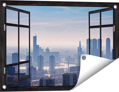 Gards Tuinposter Doorkijk Rotterdamse Skyline - 60x40 cm - Tuindoek - Tuindecoratie - Wanddecoratie buiten - Tuinschilderij