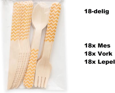 3x Bestekset wave hout 18-delig oranje (54 stuks) - Feest festival thema party food diner