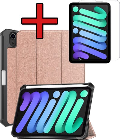 Hoesje - Geschikt voor Apple iPad Mini 7 (2024) - 8.3 inch - 7e Generatie - Met Screenprotector - Trifold Bookcase Hoes - Hard Cover Case - Met Uitsparing Geschikt voor Apple Pencil - Hardcover Book - Tablethoes - Rosé goud