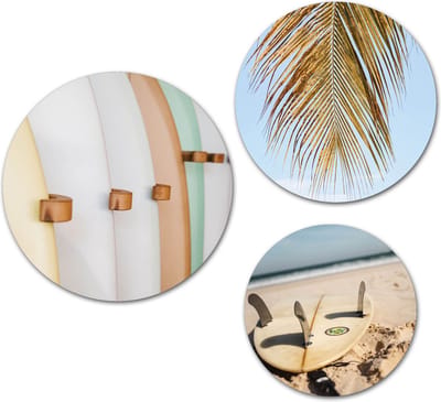 Forex Muurcirkel Set -  Set Surfboards en Palmblad - Set van 3 Wandcirkels met Ophangsystemen - 20x25x30