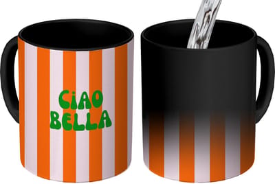 Magische Mok - Foto op Warmte Mokken - Koffiemok - Strepen - Oranje - Verticaal - Ciao bella - Magic Mok - Beker - 350 ML - Theemok - Mok met Tekst