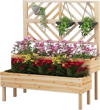 KOMFOTTEU 2-in-1 verhoogde plantenbak met houten latwerk op 2 niveaus voor wijnstokken, bloembak met afwateringsgat voor groenten, fruit, kruiden, bloemen, voor patio, balkon, terras