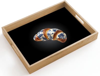 Dienblad hout 40x30 cm - Schootdienblad - Croissant - Bloemenpatroon - Delftsblauw - Borrelplank rechthoek - Plateau dienbladen