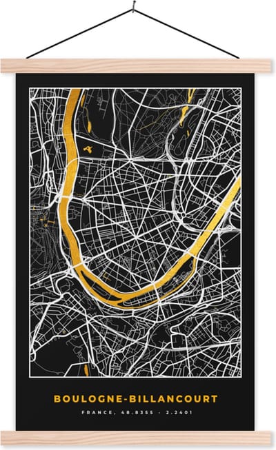 Posterhanger incl. Poster 40x60 cm - Schoolplaat - Kaart - Plattegrond - Boulogne-Billancourt - Stadskaart - Frankrijk - Textielposter - Blanke latten - Stadskaart