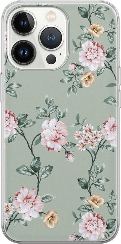 Leuke Telefoonhoesjes - Hoesje geschikt voor iPhone 13 Pro - Bloemetjes - Soft case - TPU - Bloemen - Groen