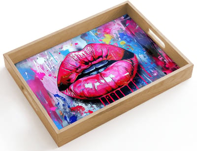 Dienblad hout 40x30 cm - Schootdienblad - Graffiti - Lippen - Felroze - Geschilderd - Borrelplank rechthoek - Plateau dienbladen