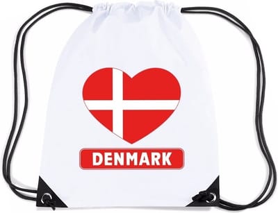 Denemarken thema sporttas - nylon rijgkoord rugzak - wit met hartjes vlag print - supporters - 11 liter - 45 x 34 cm
