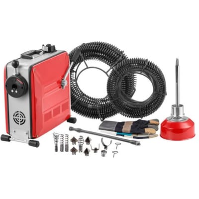 VEVOR elektrische pijpreinigingsmachine, 850W, inclusief veerkabel van 14,5 m x 16 mm, 14 m x 22 mm en 5 m x 9,5 mm, flexibele veer van 0,4 m x 12 mm en 11 snijbladen, voor leidingen met een diameter van 50–200 mm.