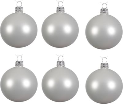 Decoris Kerstballen set - 12x stuks - wit - glas - 6 cm - mat - kerstversiering - zilveren ophanglint