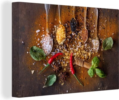 Canvas Schilderij Lepels - Kruiden - Chilipeper - Specerijen - 30x20 cm - Wanddecoratie