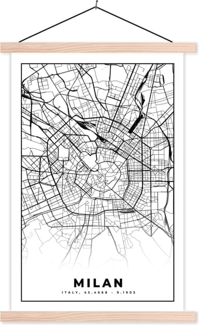 Posterhanger incl. Poster 40x60 cm - Schoolplaat - Milaan - Stadskaart - Zwart Wit - Plattegrond - Kaart - Textielposter - Blanke latten - Stadskaart