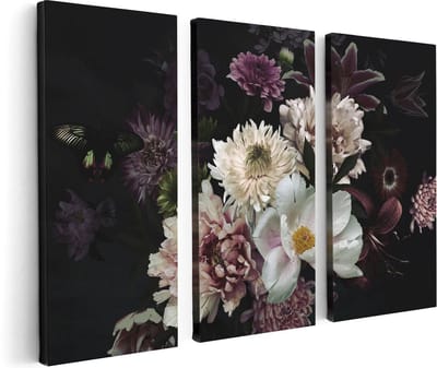 Artaza Canvas Schilderij Drieluik Diverse Bloemen Op Zwart Achtergrond - 120x80 cm - Wanddecoratie Woonkamer - Schilderijen - Muurdecoratie