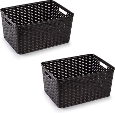 Plasticforte Opbergmand - 2x - Kastmand - rotan kunststof - donkerbruin - 18 Liter - 29 x 39 x 20 cm
