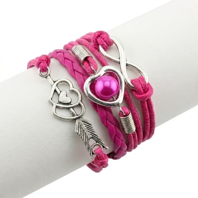 Roze wikkel armband voor dames – imitatieleer armband met infinity teken, hartjes en pijl bedel