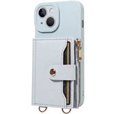 Lichtblauw telefoon hoesje met portemonnee en rits geschikt voor iPhone 13 Mini – kunstleer beschermende wallet case voor dames en heren met pasjeshouder, druksluiting, draagkoord bevestiging en standaard functie