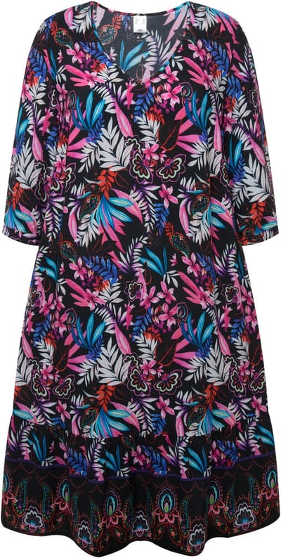 MIAMODA - Dames - Jurk A-lijn print all-over V-hals 3/4-mouwen - Zwart - Maat 50