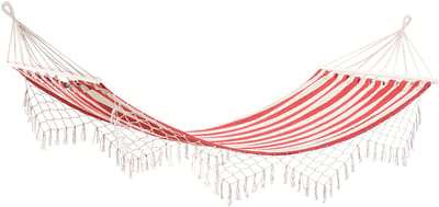 Draagbare reishangmat, hippie chic stijl, afmetingen hangmatstof: 2L x 1B m, katoen/polyester, rood/crème/gestreept